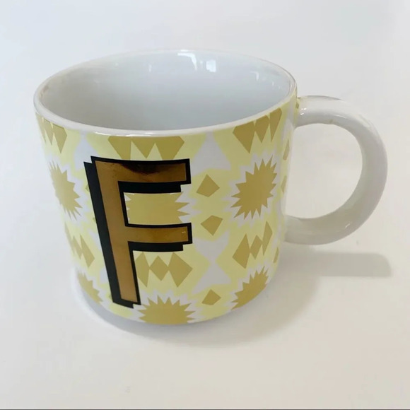 West Elm Initial Mug “F” Gold Yellow Aztec Print‎ Coffee Tea Ceramic Monogram - Picture 4 of 9